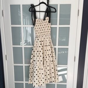 Polka Dot Smocked Midi Dress with Black Tie Straps